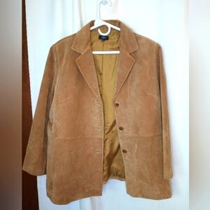 H Y Womens Genuine Leather Jacket Blazer XL Tan 3 Button Mobwife 70s Hippie